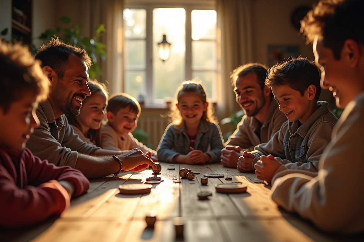 Famille souriante jouant au 421 autour d