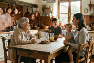 Famille multigénérationnelle réunie autour d'une table, illustrant les écarts démographiques entre natalité et vieillissement de la population