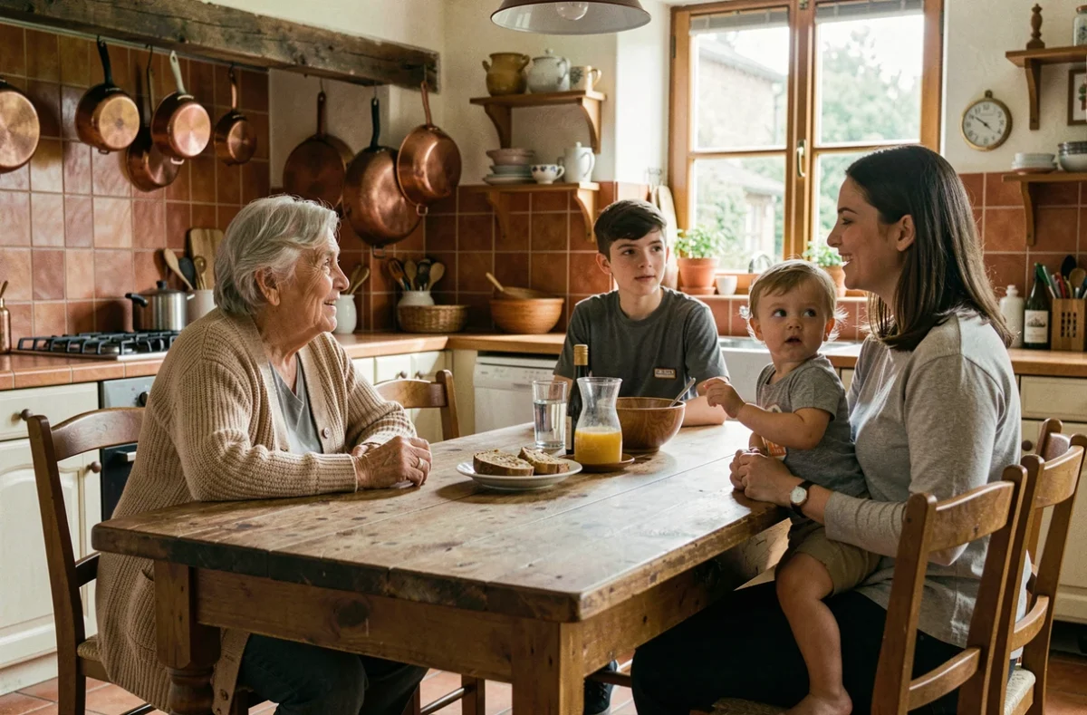 Famille multigénérationnelle réunie autour d'une table, illustrant les écarts démographiques entre natalité et vieillissement de la population