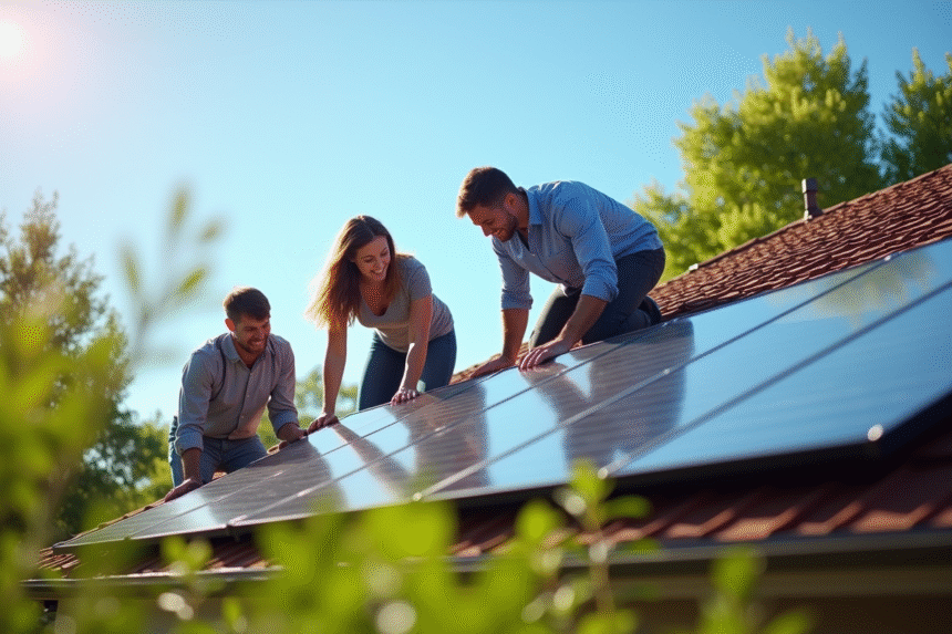 Famille moderne installant des panneaux solaires sur leur maison