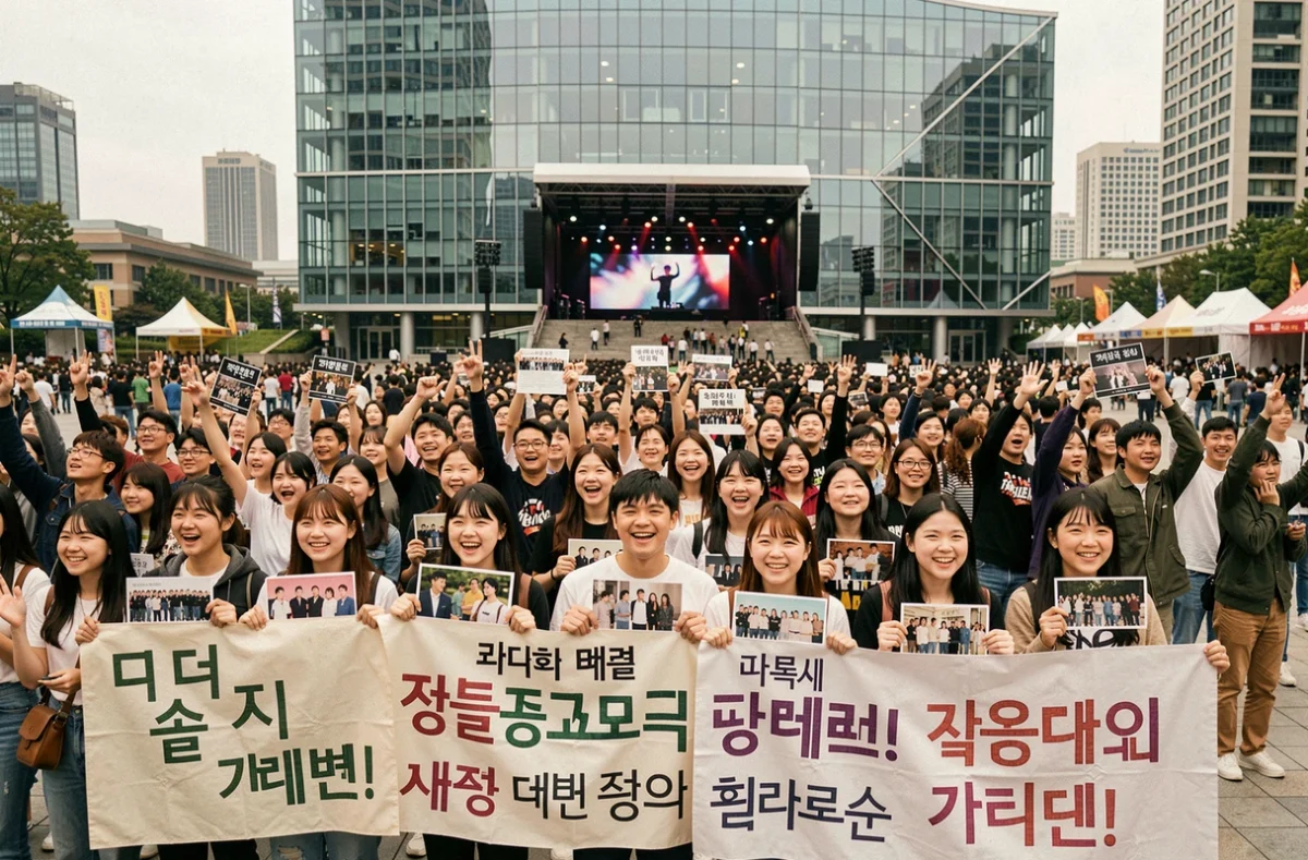 Fans internationaux du groupe kpop 3piece rassemblés devant une salle de concert avec des banderoles et des photocards