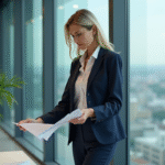 Femme d affaires en costume bleu vérifiant une liste de conformité environnementale