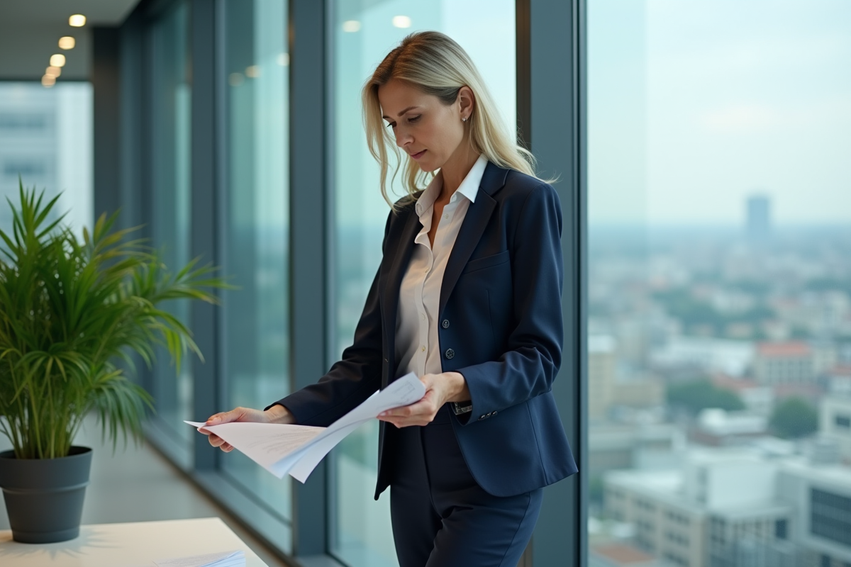 Femme d affaires en costume bleu vérifiant une liste de conformité environnementale