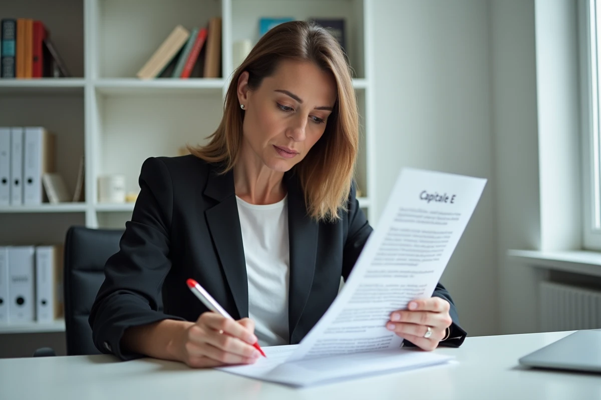 Femme d affaires française en réunion avec document capital E