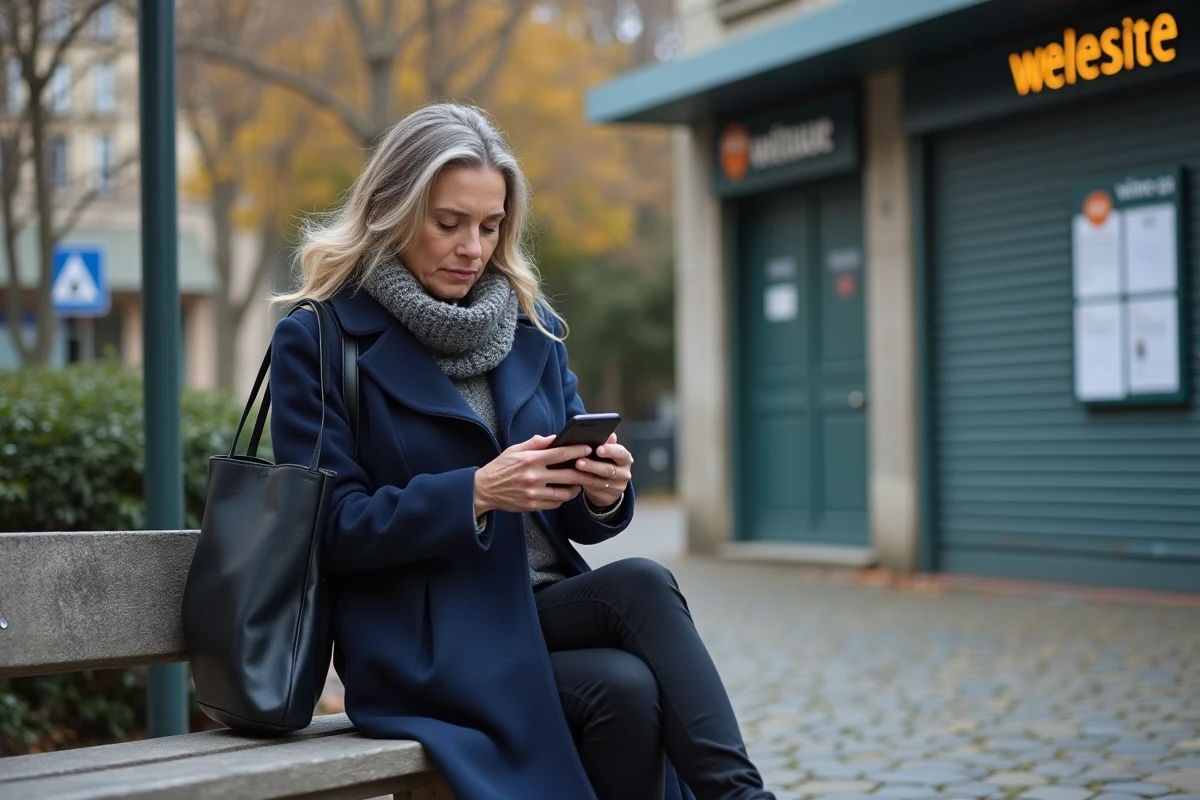 Femme assise sur un banc consultant l'application Vinted sur son téléphone devant un point relais fermé en ville