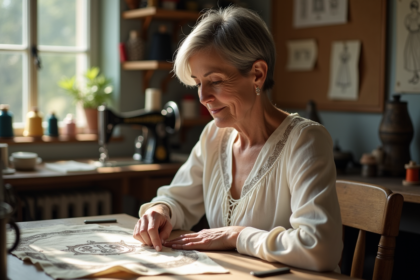 Femme contemplant un logo sur une robe vintage dans un atelier