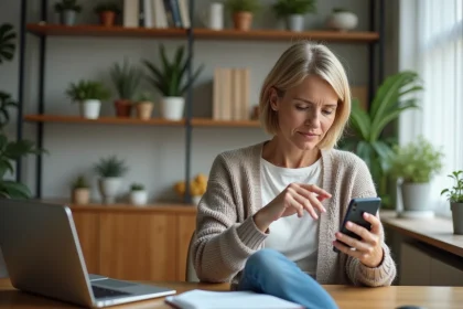 Femme assise à son bureau en train de bloquer un numéro sur son smartphone