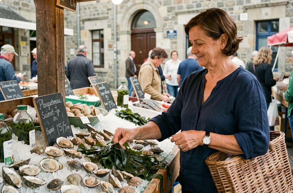 Femme bretonne choisissant des fruits de mer frais sur un étal de poissonnerie au marché de Plouguerneau