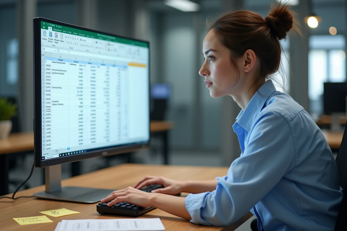 Femme au bureau analysant des formules Excel avec des colonnes de dates sur un grand écran d'ordinateur