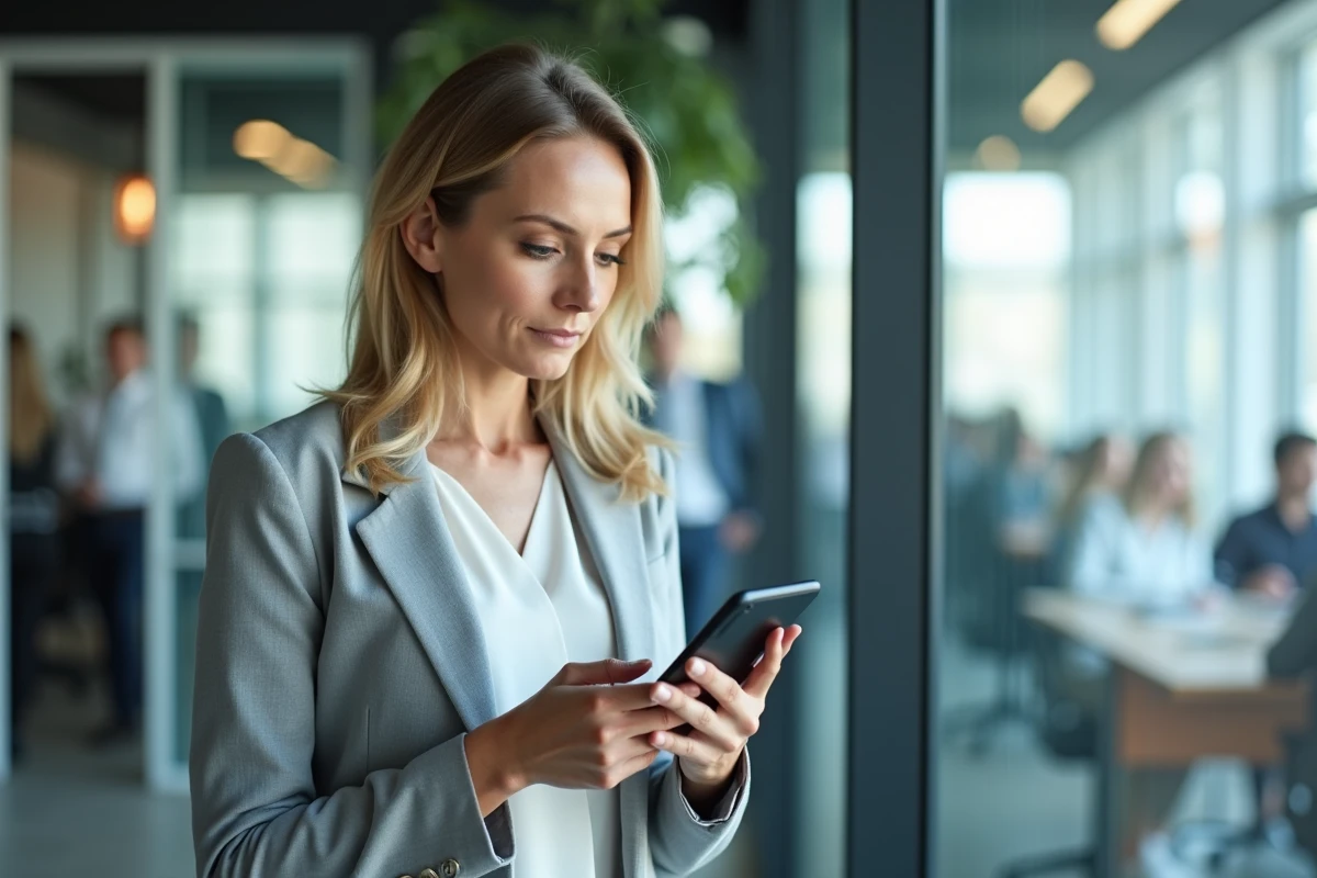 Femme en milieu professionnel consultant son téléphone pour identifier un appel manqué du 06 72