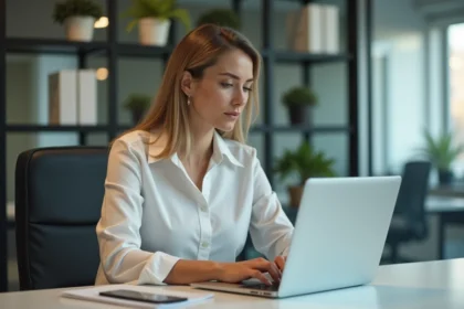 Femme au bureau en train de taper un email dans un environnement moderne