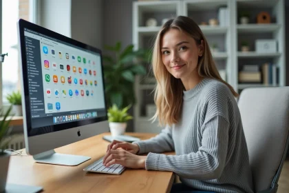 Femme travaillant depuis son bureau à domicile avec un tableau de bord d'outils numériques organisés sur son écran