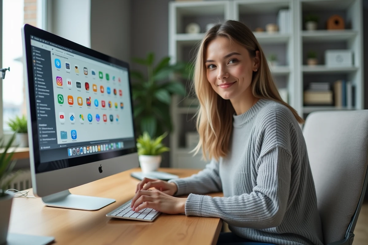 Femme travaillant depuis son bureau à domicile avec un tableau de bord d'outils numériques organisés sur son écran
