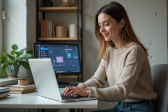 Jeune femme au bureau utilisant un VPN sur son ordinateur