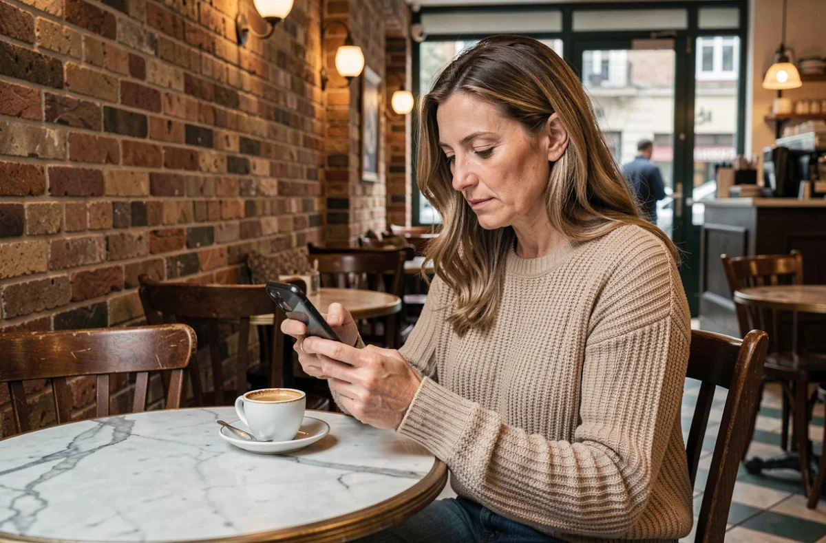 Femme consultant son téléphone dans un café lillois après la fermeture d'un établissement nocturne