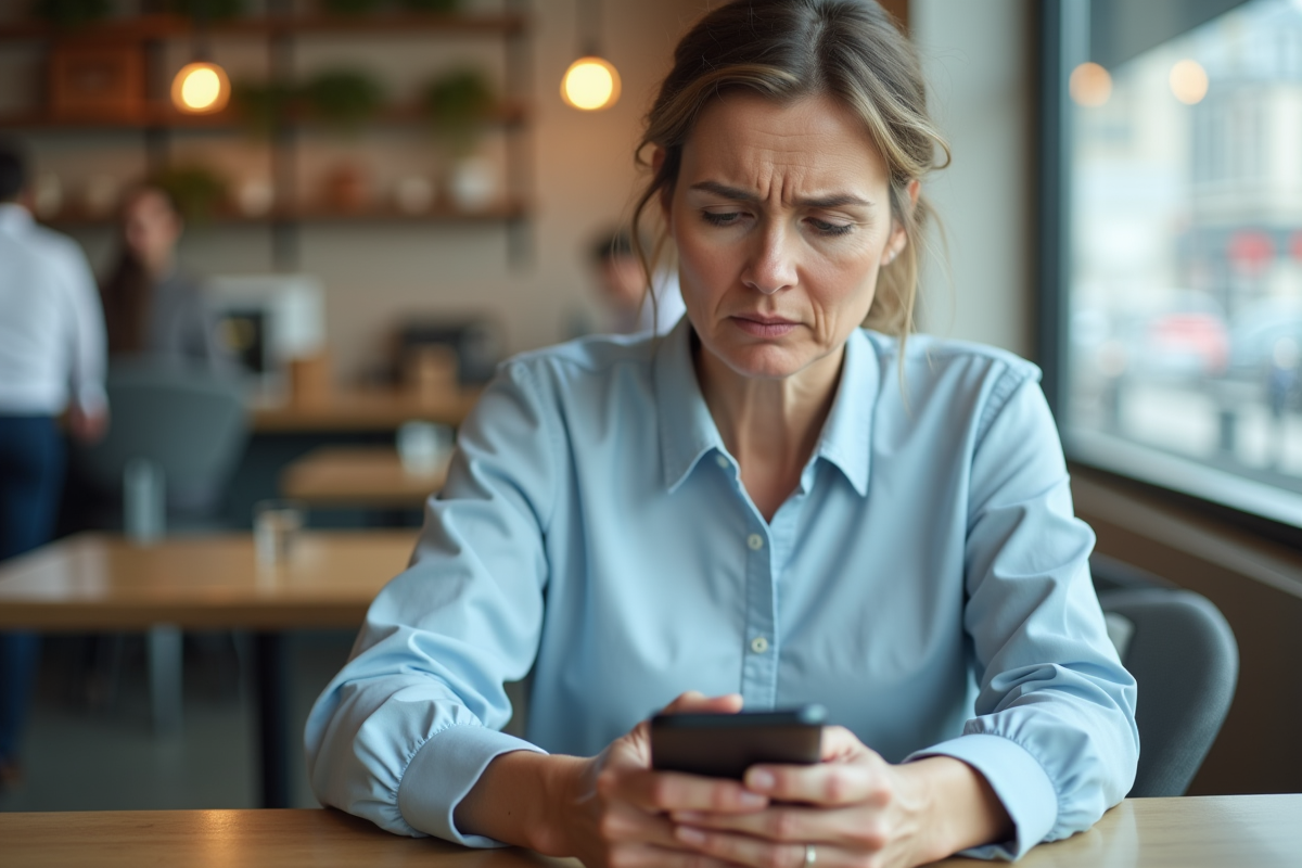 Femme préoccupée dans un café en vérifiant son smartphone