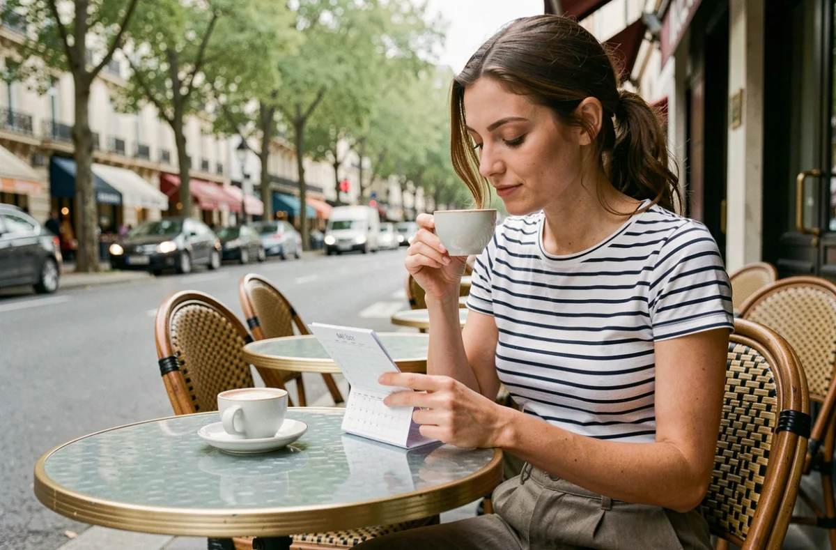 Jeune femme consultant un calendrier des jours fériés de mai 2026 en terrasse de café parisien
