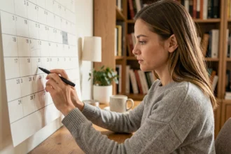 Femme écrivant des dates sur un calendrier papier annuel posé sur un bureau en bois, illustrant le comptage des jours dans l'année