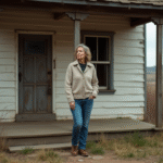 Femme en jeans devant une maison abandonnée à la campagne