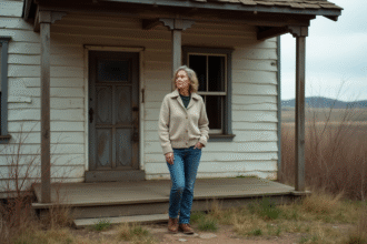 Femme en jeans devant une maison abandonnée à la campagne