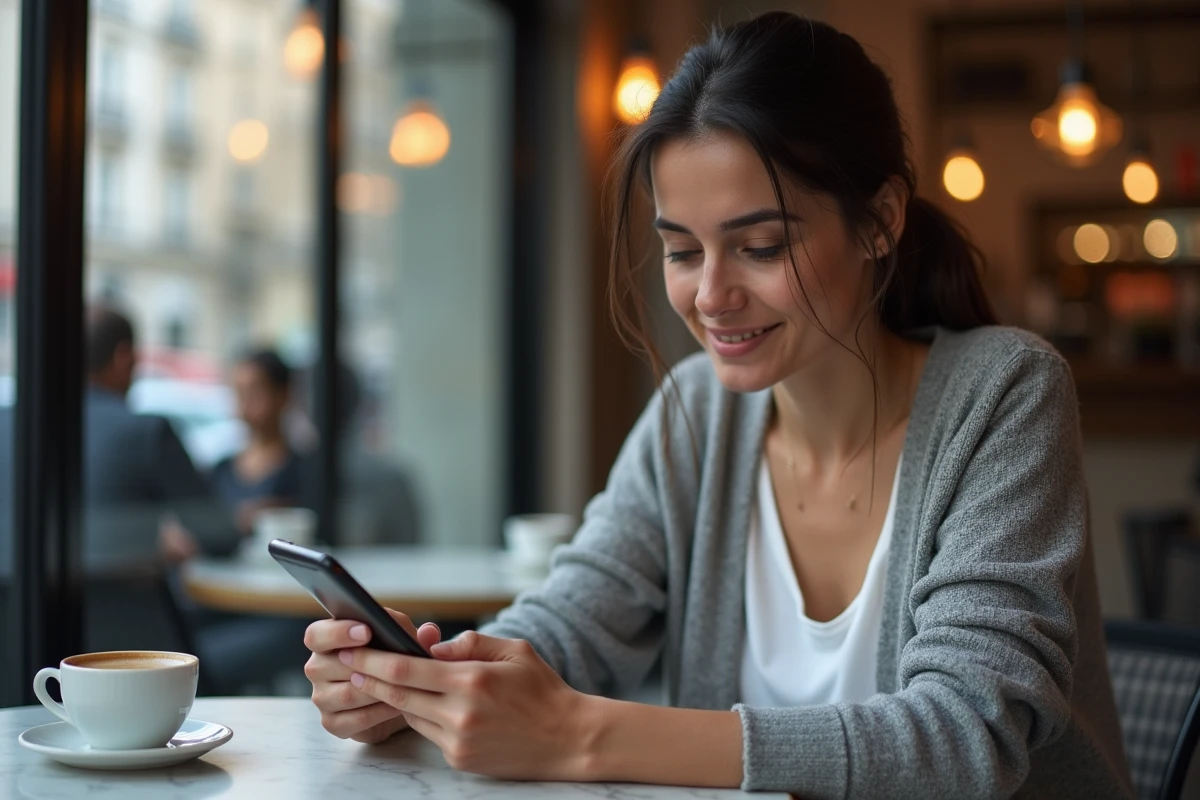 Femme jouant à CodyCross sur smartphone dans un café parisien avec expression de concentration