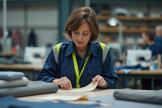 Femme en uniforme examine des échantillons de tissu en usine
