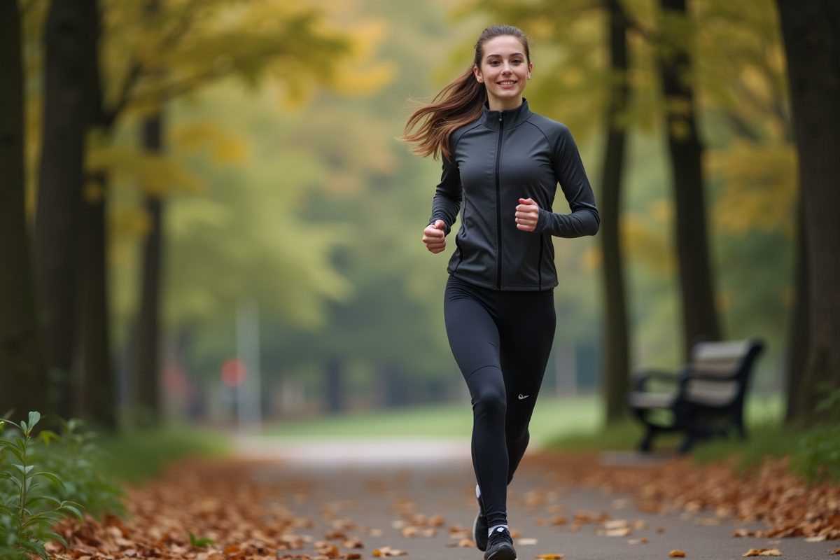 Jeune femme courant en forêt avec un sourire confiant