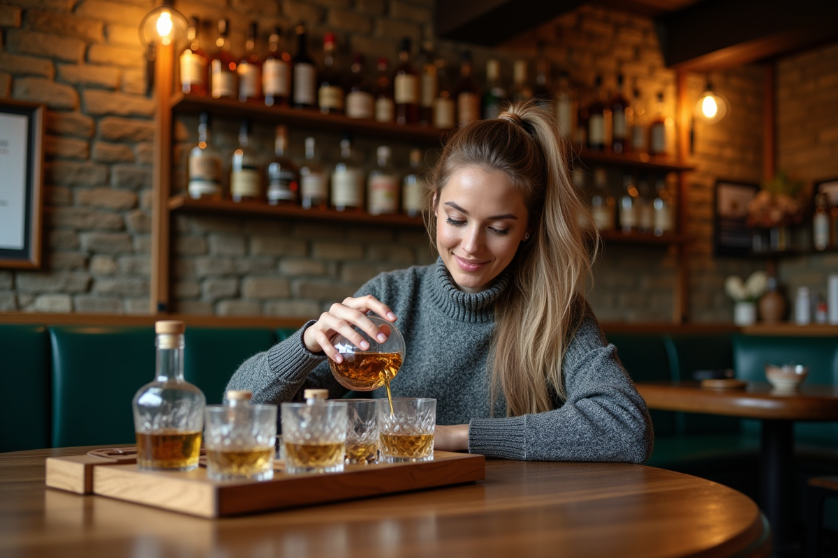 Femme dégustant un whisky dans un pub irlandais chaleureux