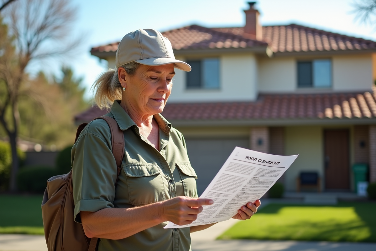 Femme examinant un devis pour nettoyage de toiture