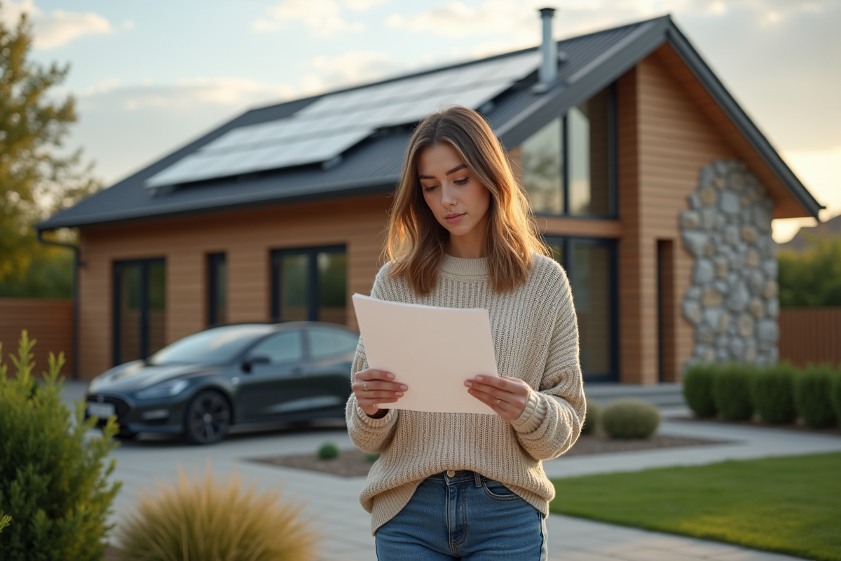 Jeune femme vérifiant un document DPE devant une maison écologique