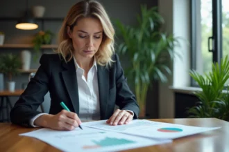 Femme d'affaires examinant des graphiques ESG dans un bureau