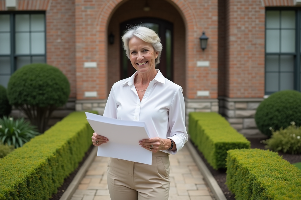 Femme souriante devant sa maison avec papiers d’évaluation immobilière