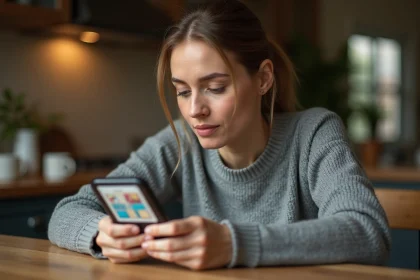 Femme concentrée jouant à 4 Images 1 Mot sur smartphone avec un mot de 9 lettres à trouver