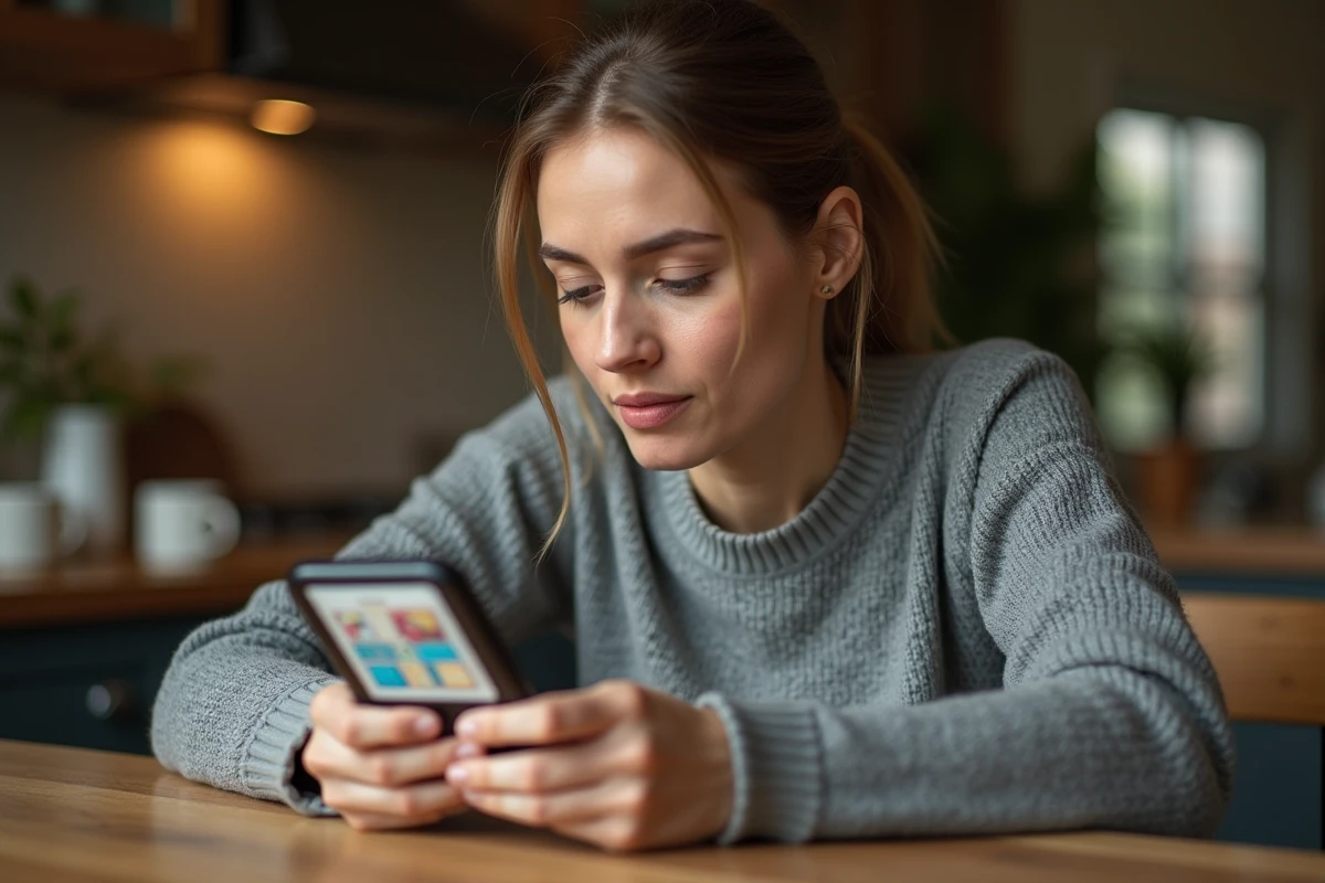 Femme concentrée jouant à 4 Images 1 Mot sur smartphone avec un mot de 9 lettres à trouver