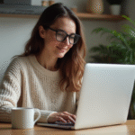 Femme assise à une table de cuisine vérifiant sa messagerie
