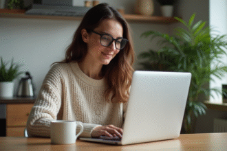 Femme assise à une table de cuisine vérifiant sa messagerie