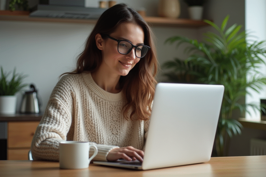 Femme assise à une table de cuisine vérifiant sa messagerie