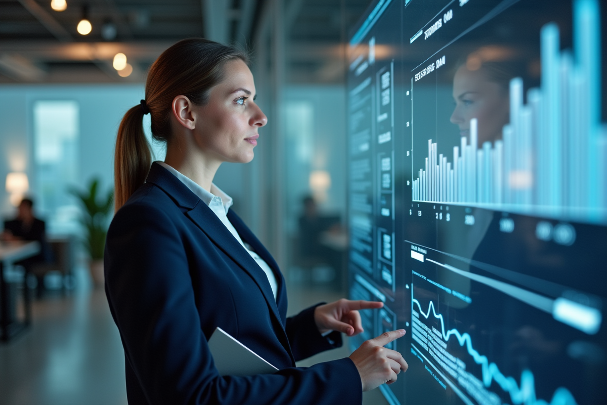 Manager devant un grand tableau digital dans un espace de travail