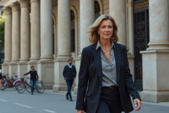 Femme méditerranéenne marchant devant un bâtiment historique