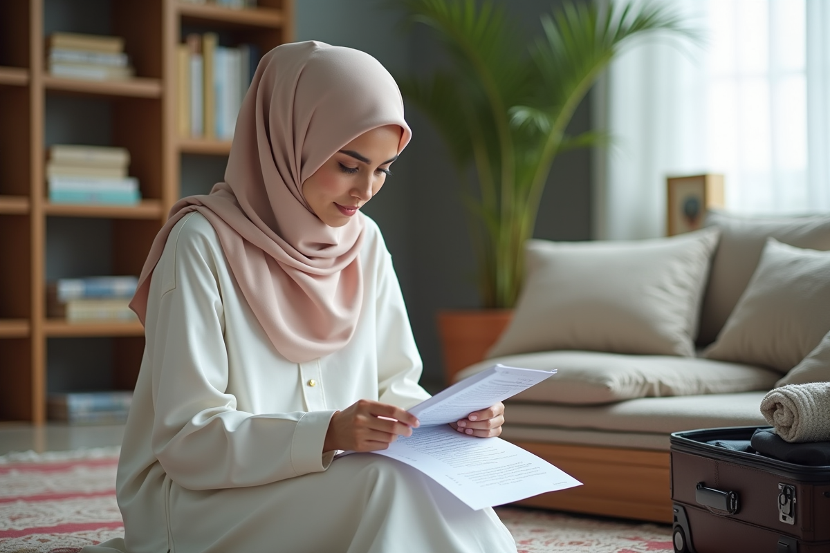 Jeune femme musulmane vérifiant sa checklist de voyage