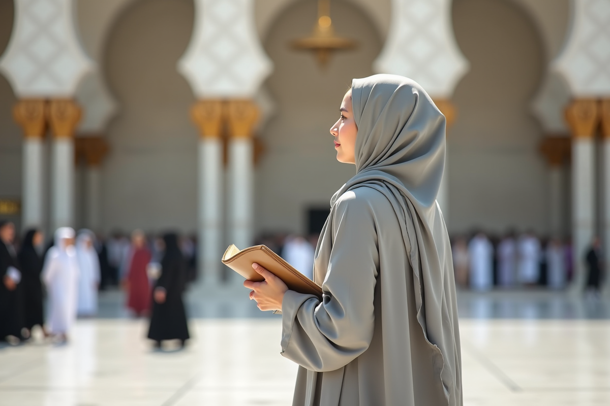 Femme musulmane regardant la mosquée de Mecca