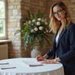 Femme en costume navy organisant des invitations élégantes
