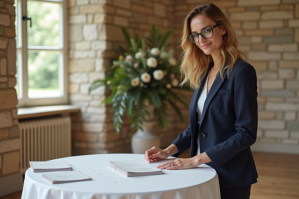 Femme en costume navy organisant des invitations élégantes