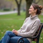Femme souriante assise dans un parc au printemps