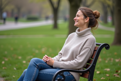 Femme souriante assise dans un parc au printemps