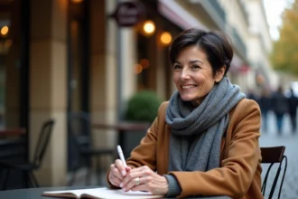 Femme française dans un café parisien contemplant un carnet