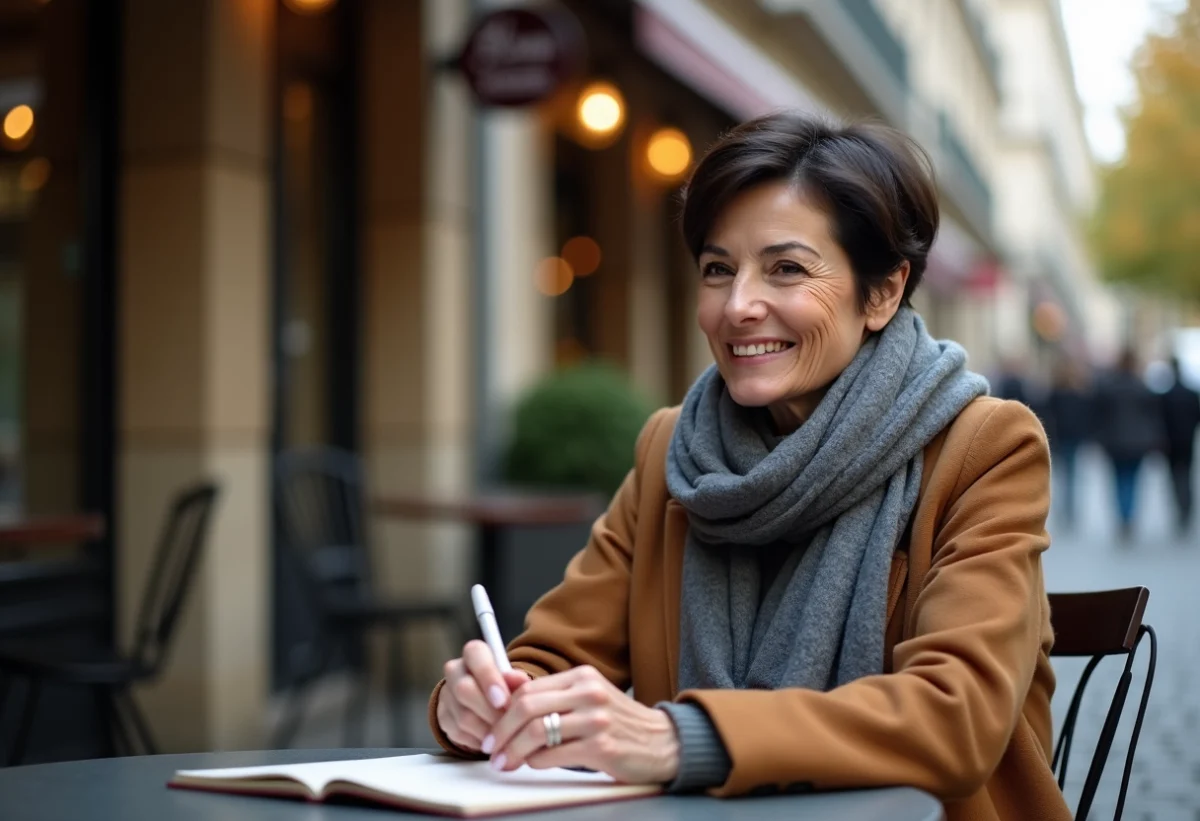 Femme française dans un café parisien contemplant un carnet