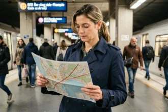 Femme consultant un plan RER Île-de-France sur un quai de gare parisienne pour optimiser son trajet domicile-travail