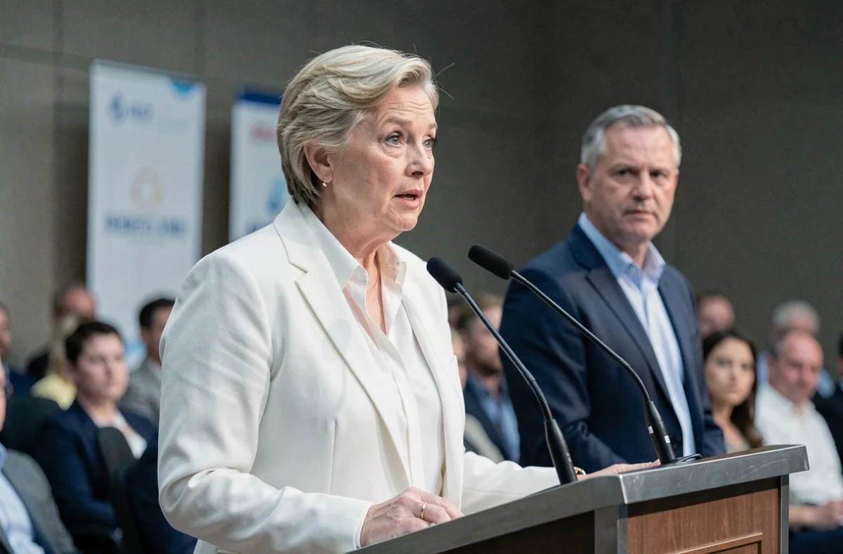 Femme politique prenant la parole en public avec son partenaire en retrait, illustrant la tension entre vie publique et vie privée