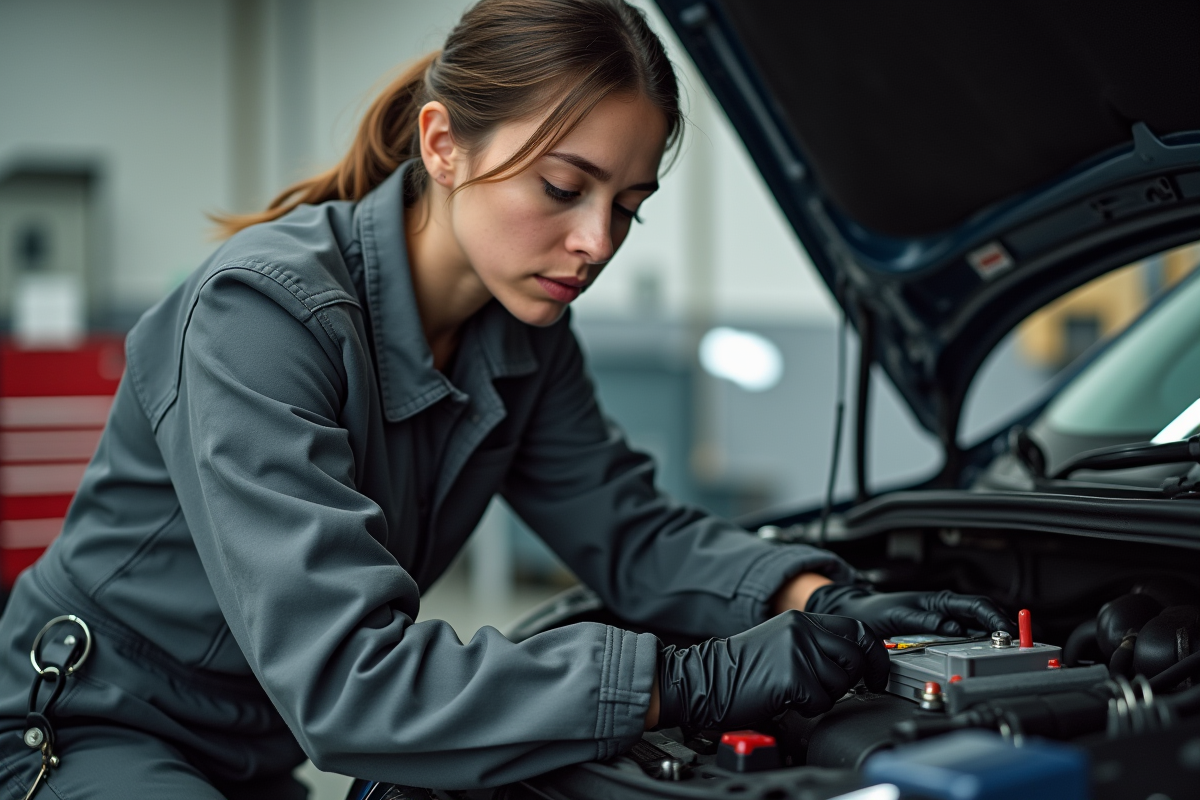 Jeune femme réparant une batterie dans un garage auto